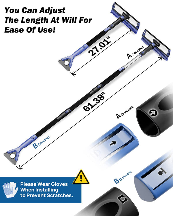 61.3″ Extendable Snow Brush and Ice Scraper, 270° Pivoting Snow Scrape